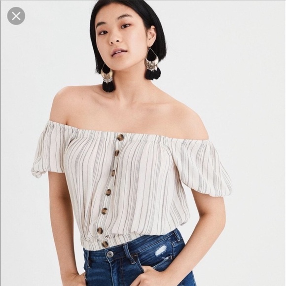 AEO cream striped off shoulder crop top - Picture 1 of 6